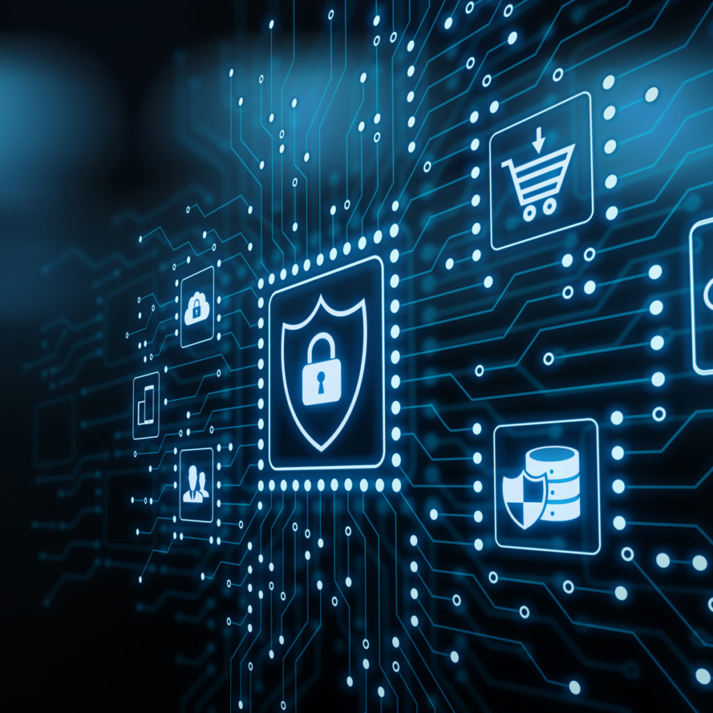 A computer screen with the image of a padlock and various icons.