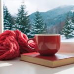 A red cup sitting on top of a book near a window.